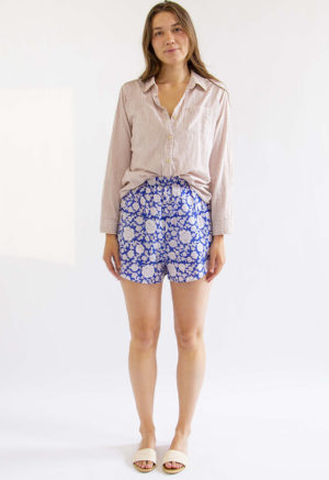 Front view of straight size model wearing Blue & White Floral Short Shorts.