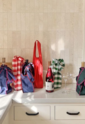 variety of wine carriers in multiple colors on a kitchen counter