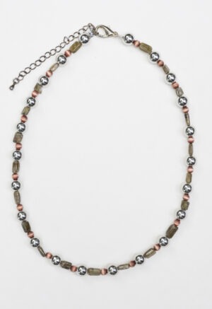 Silver, green and red necklace