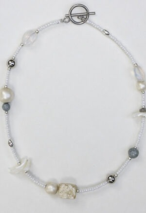white beaded shell and stone necklace