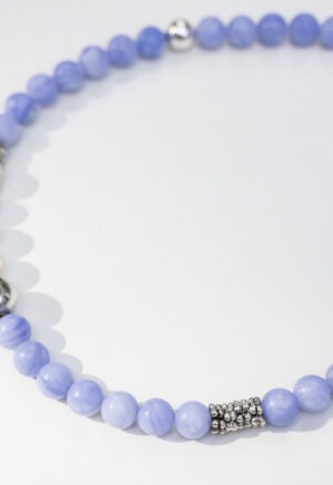 blue and silver beaded necklace.