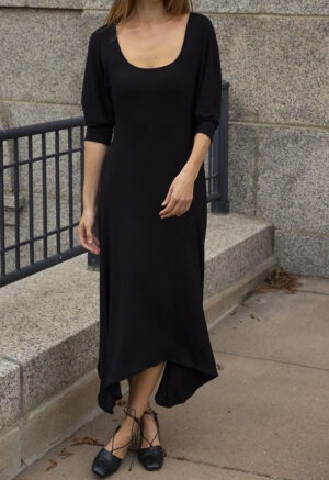 woman in black scoop midi dress